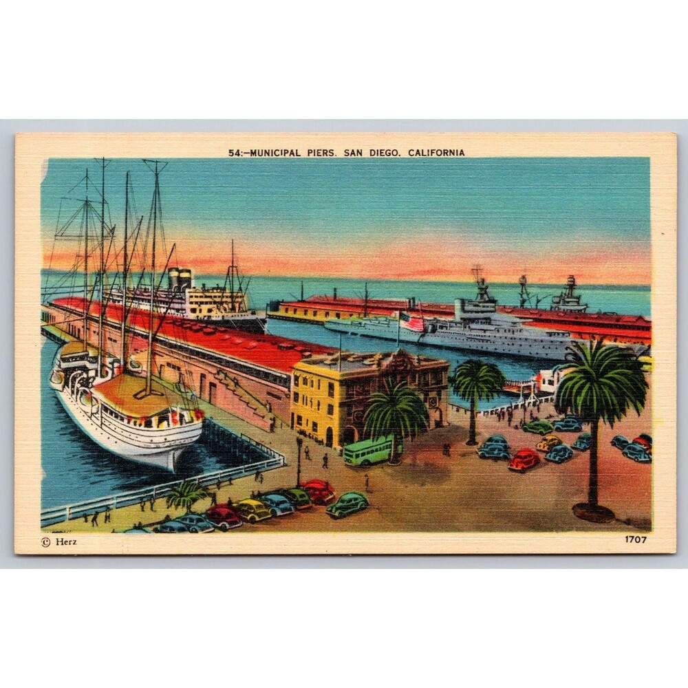 Vintage 1941 San Diego CA Municipal Piers Linen Postcard Herz 1707 Unposted